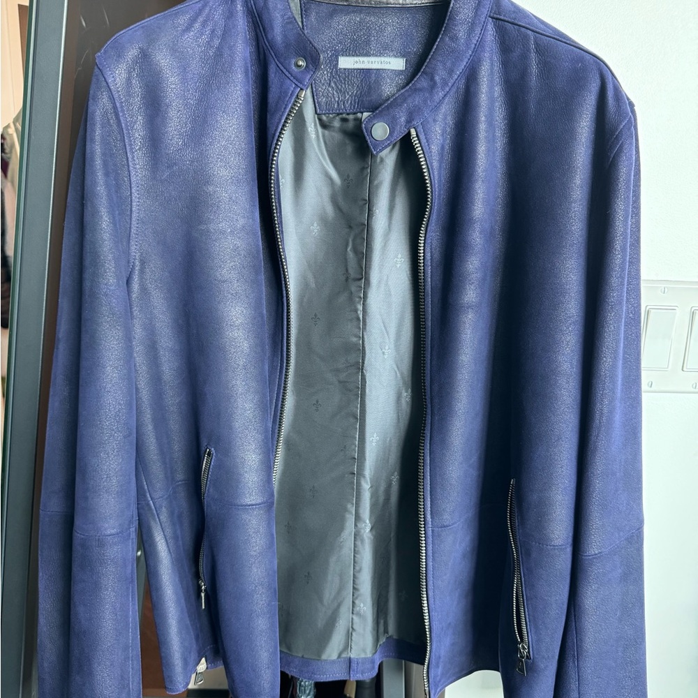 John Varvatos Blue Leather Jacket with Minimal Collar
